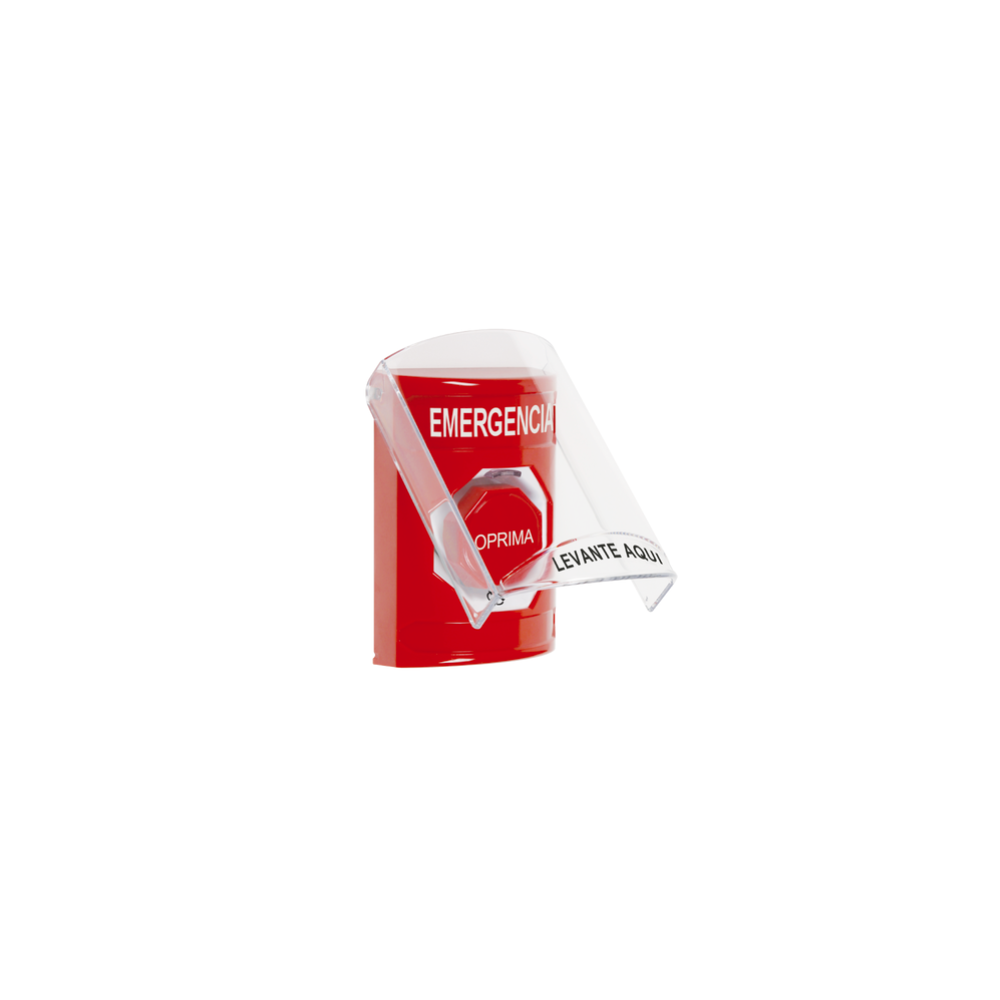 SS2029EMES Botón Rojo de Emergencia en Español con Tapa Protectora de Policarbonato STI